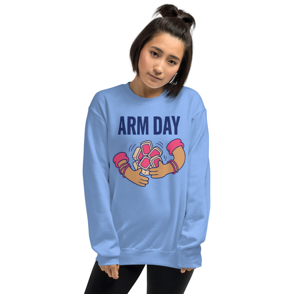 Arm Day funny mahjong crewneck sweatshirt — Carolina Blue, on model