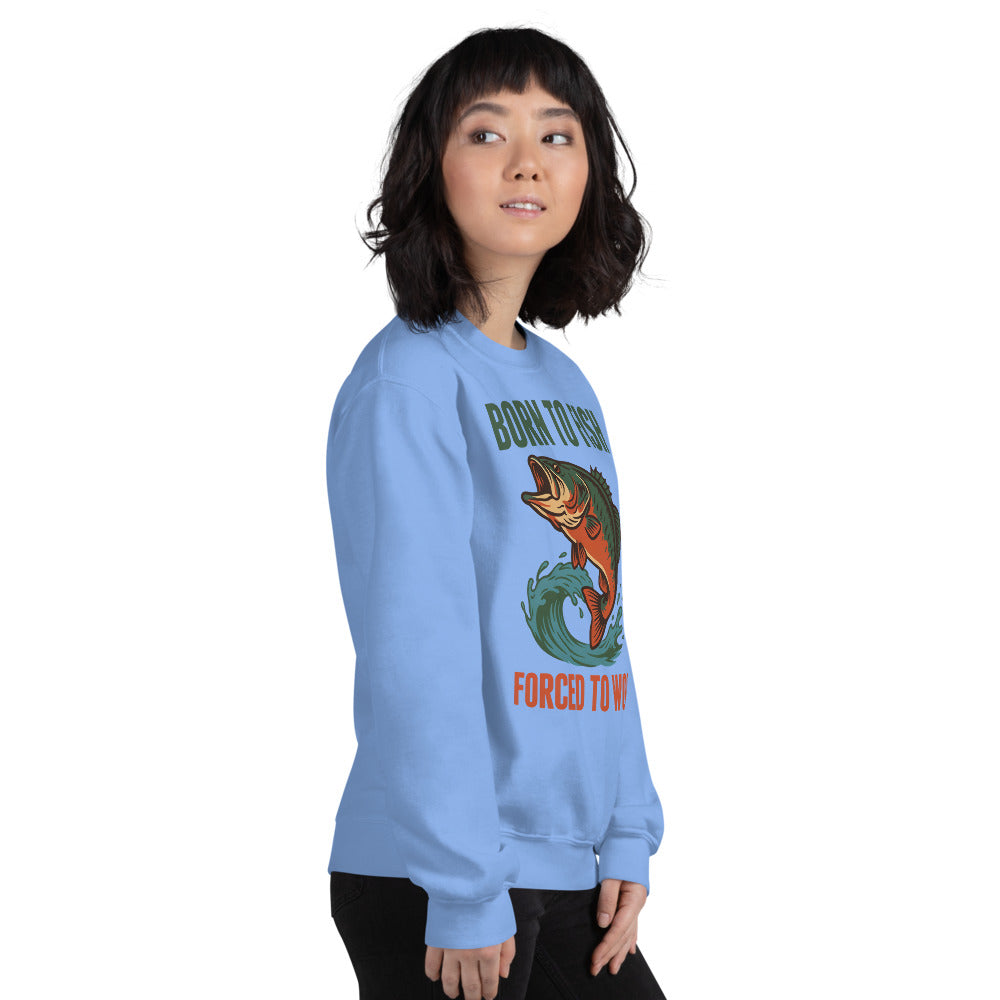 Born to Fish Forced to Work retro fishing humor crewneck sweatshirt — Carolina Blue, on model