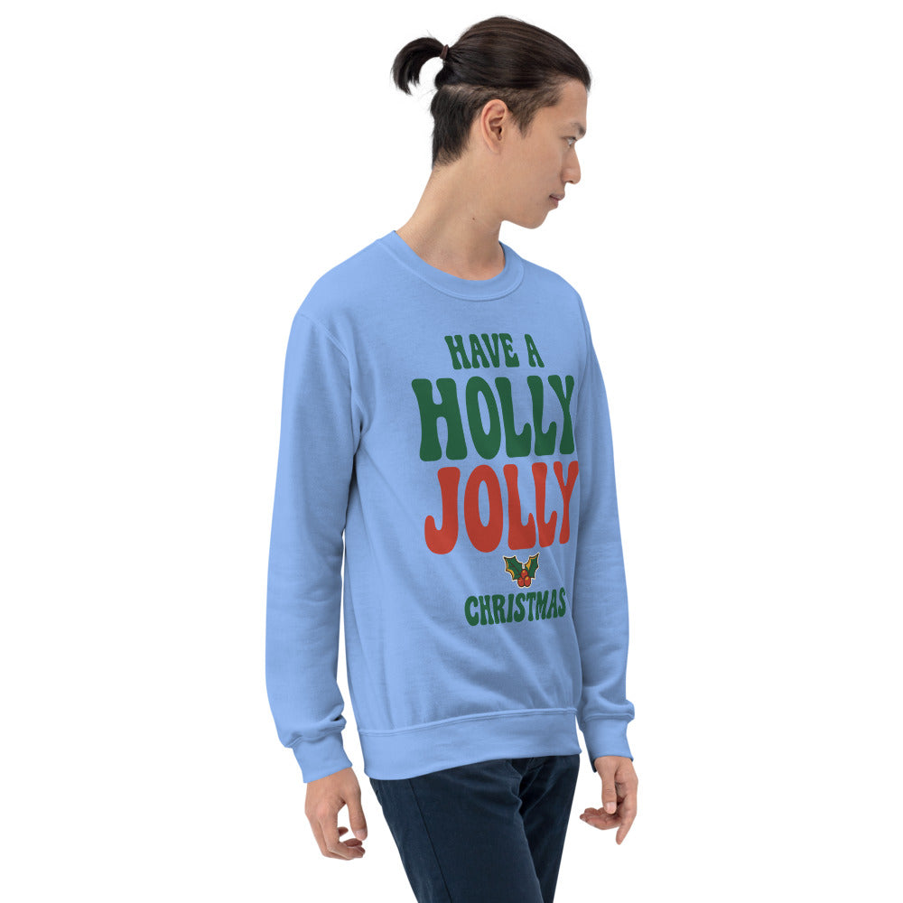 Groovy Holly Jolly retro Christmas crewneck sweatshirt — Carolina Blue, on model