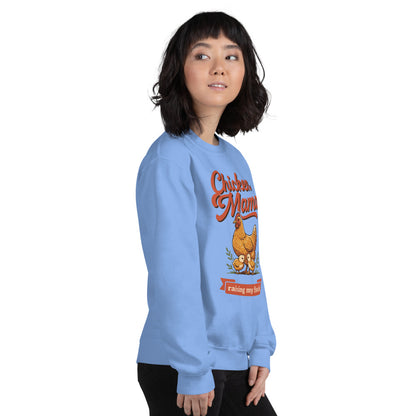 Chicken Mama raising my flock chicken keeper crewneck sweatshirt — Carolina Blue, on model