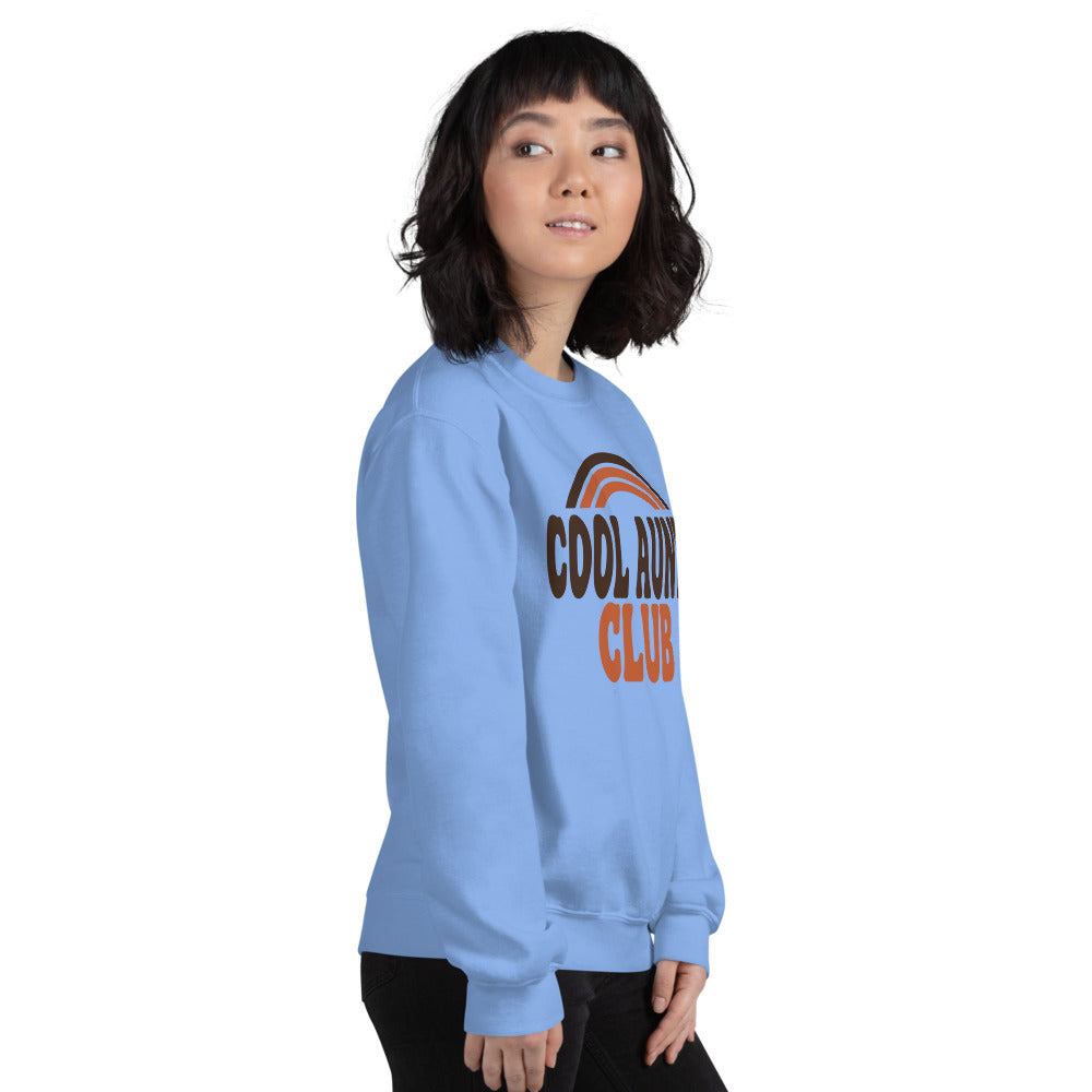 Cool Aunts Club retro groovy aunt crewneck sweatshirt — Carolina Blue, on model
