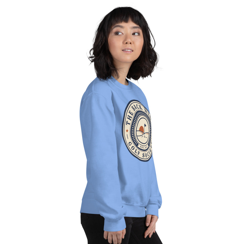 The Back Nine vintage golf roundel crewneck sweatshirt — Carolina Blue, on model