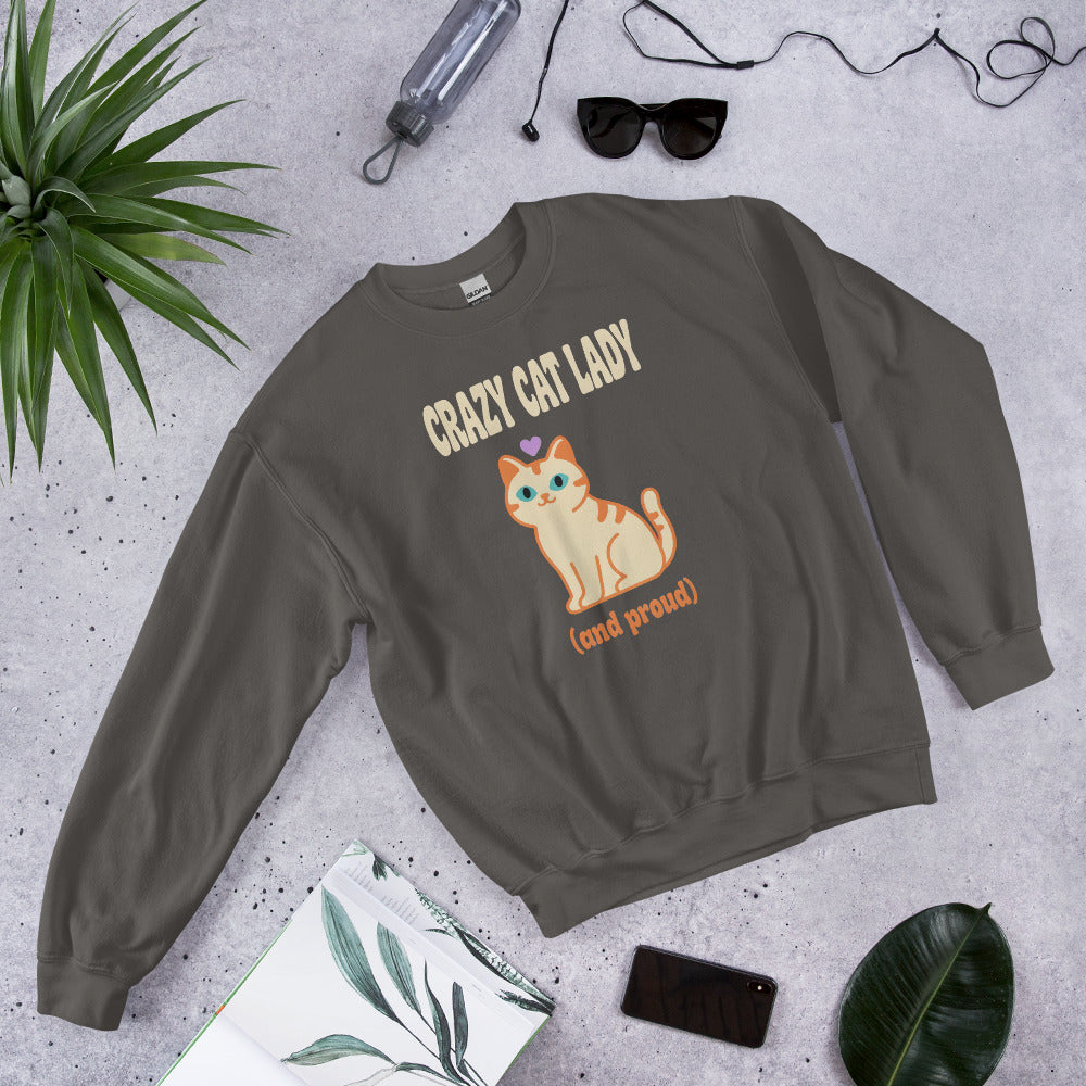 Crazy Cat Lady and Proud retro Y2K crewneck sweatshirt — Charcoal, front angled