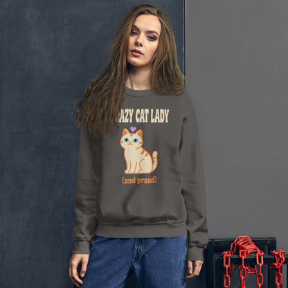 Crazy Cat Lady and Proud retro Y2K crewneck sweatshirt — Charcoal, on model