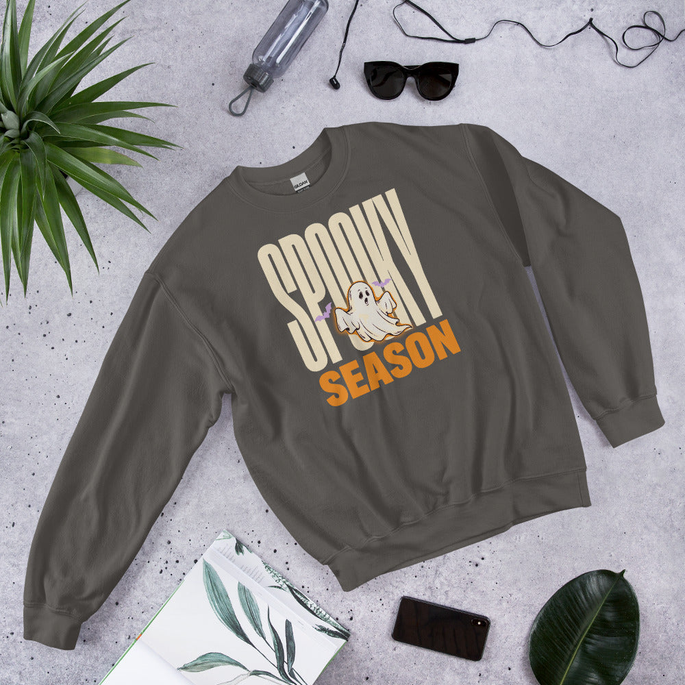 Spooky Season retro Halloween ghost typography crewneck sweatshirt — Charcoal, front angled