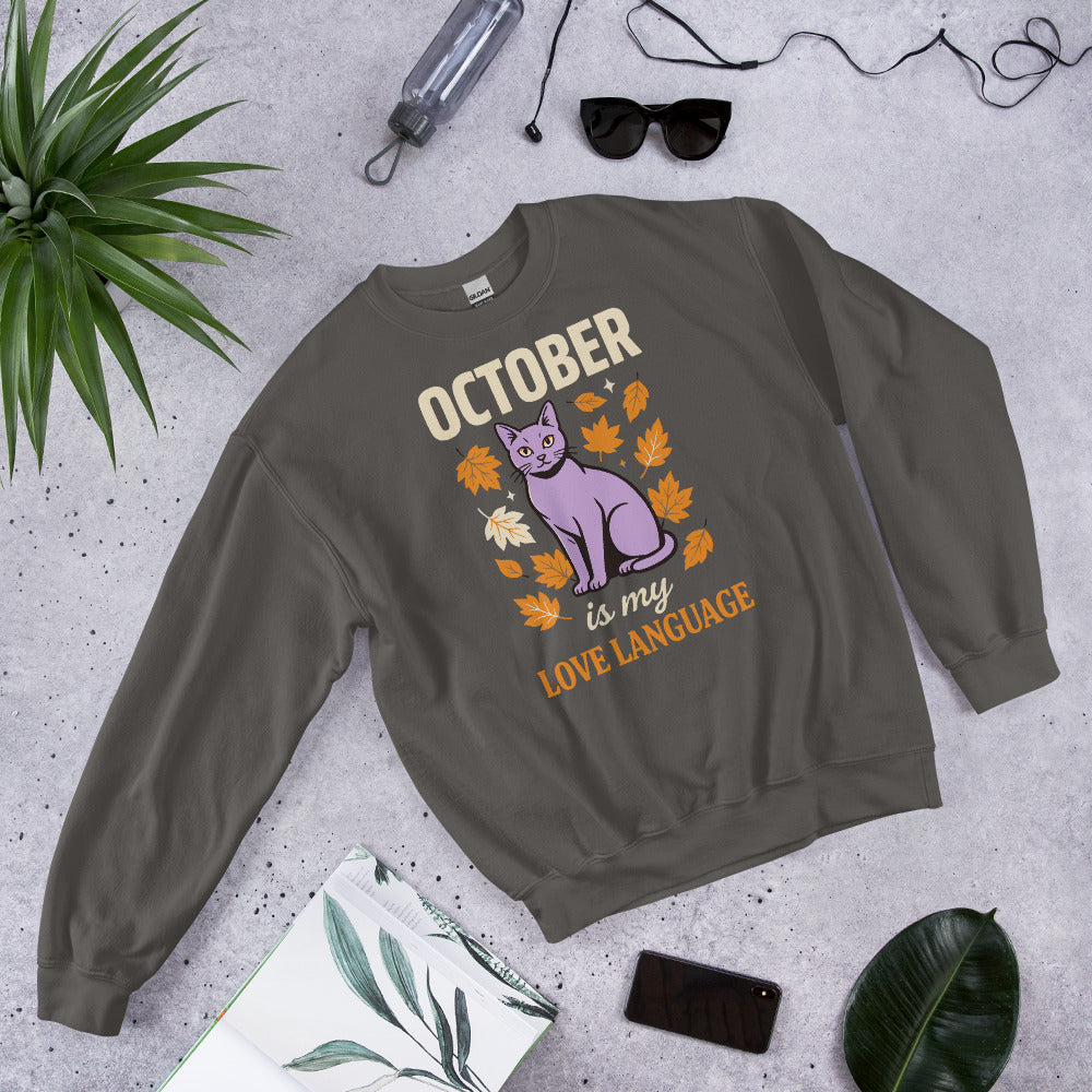 October Is My Love Language retro Halloween black cat crewneck sweatshirt — Charcoal, front view