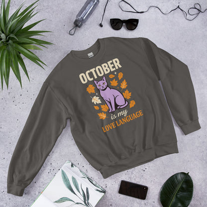 October Is My Love Language retro Halloween black cat crewneck sweatshirt — Charcoal, front view