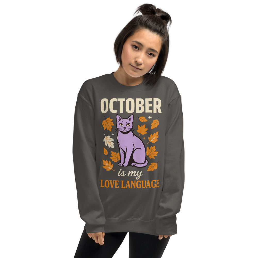 October Is My Love Language retro Halloween black cat crewneck sweatshirt — Charcoal, on model