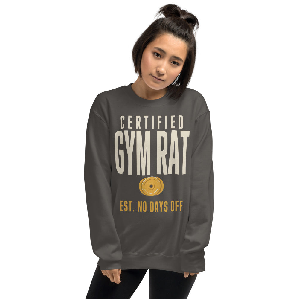 Certified Gym Rat vintage athletic crewneck sweatshirt — Charcoal, on model