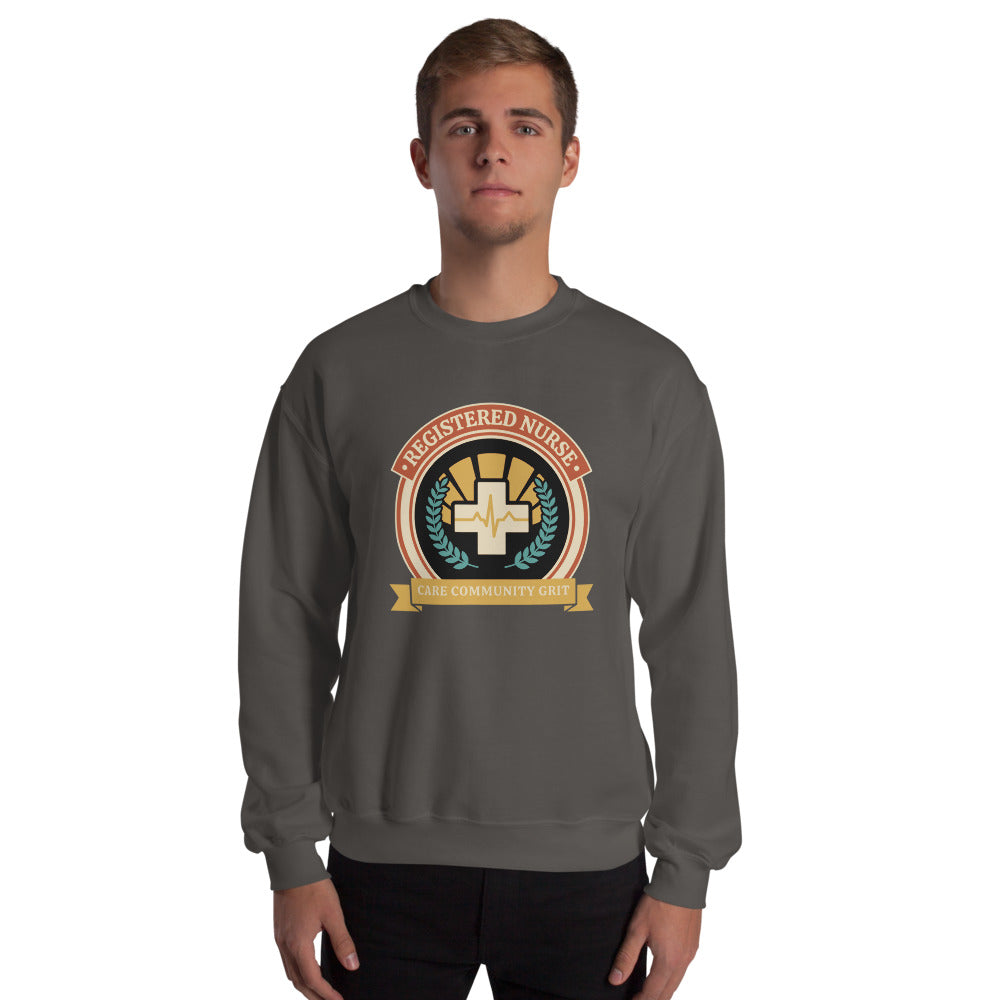 Registered Nurse vintage healthcare emblem badge crewneck sweatshirt — Charcoal, on model