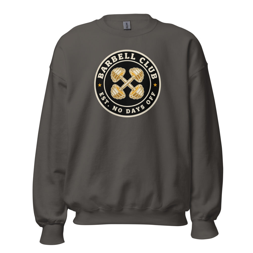 Barbell Club No Days Off vintage gym crewneck sweatshirt — Charcoal, front