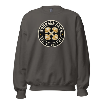 Barbell Club No Days Off vintage gym crewneck sweatshirt — Charcoal, front