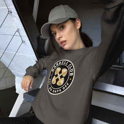 Barbell Club No Days Off vintage gym crewneck sweatshirt — Charcoal, on model