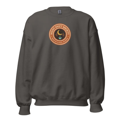 Night Shift Society retro registered nurse badge crewneck sweatshirt — Charcoal, front