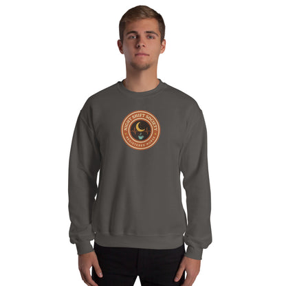Night Shift Society retro registered nurse badge crewneck sweatshirt — Charcoal, on model