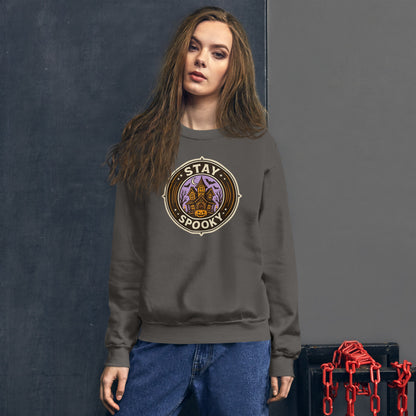 Stay Spooky retro Halloween vintage badge crewneck sweatshirt — Charcoal, on model