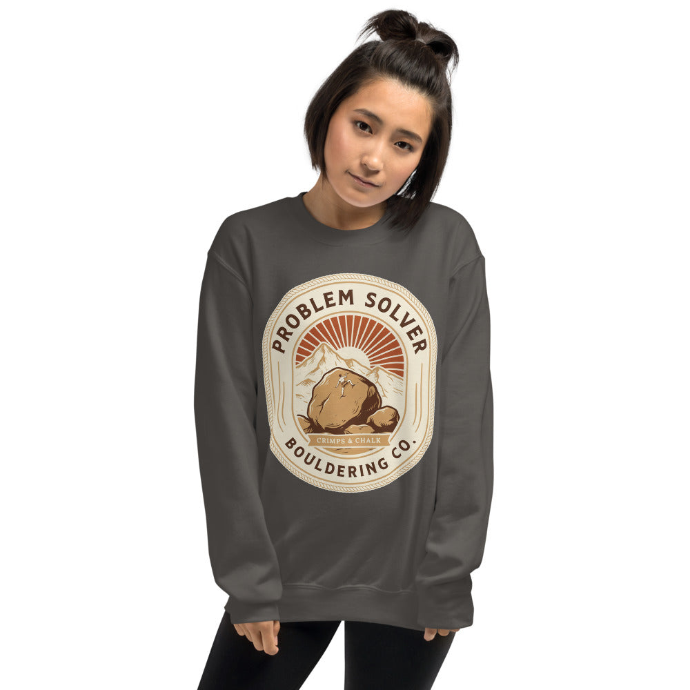 Problem Solver Bouldering Badge crewneck sweatshirt — Charcoal, on model
