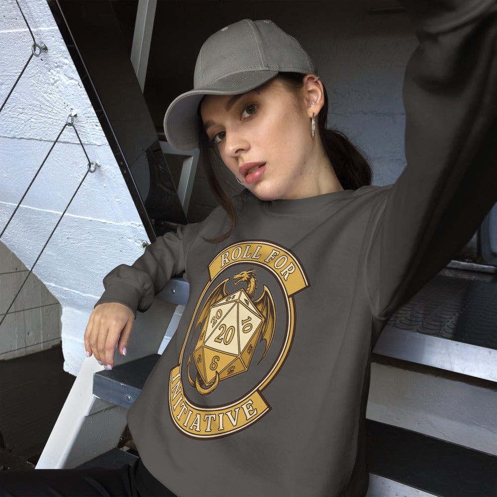 Roll For Initiative d20 dragon tabletop RPG crewneck sweatshirt — Charcoal, on model