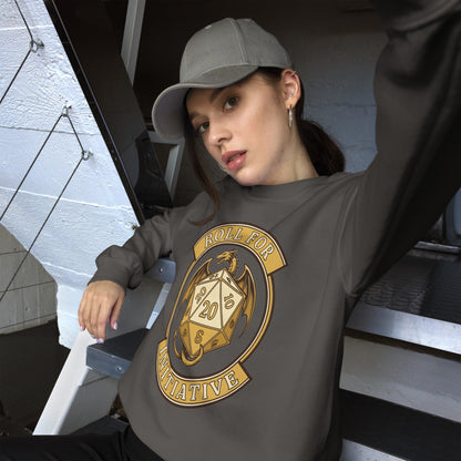 Roll For Initiative d20 dragon tabletop RPG crewneck sweatshirt — Charcoal, on model