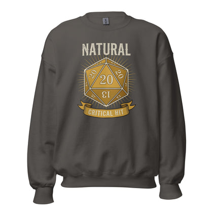 Natural 20 critical hit d20 tabletop RPG crewneck sweatshirt — Charcoal, front