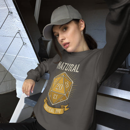 Natural 20 critical hit d20 tabletop RPG crewneck sweatshirt — Charcoal, on model