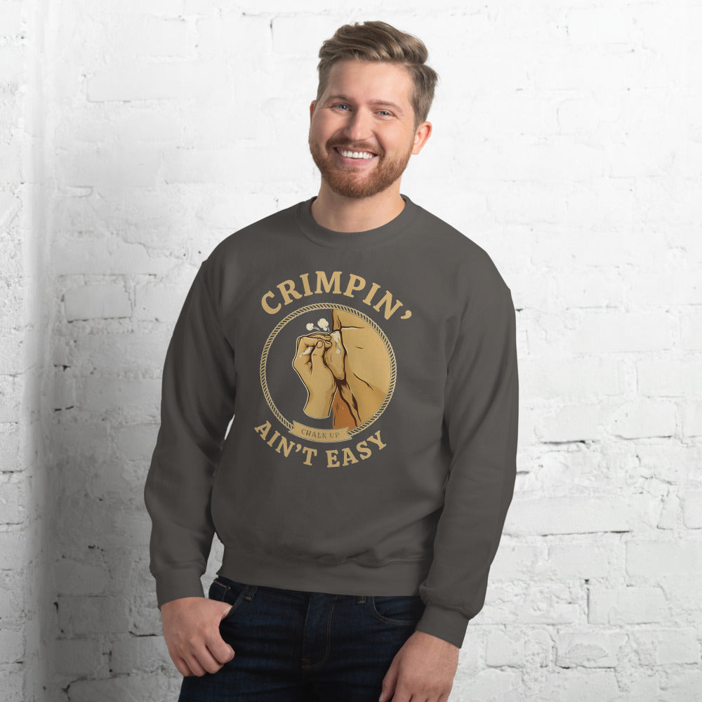 Crimpin' Ain't Easy bouldering badge crewneck sweatshirt — Charcoal, on model
