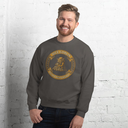 Dice Goblin Hoard Responsibly tabletop RPG crewneck sweatshirt — Charcoal, on model