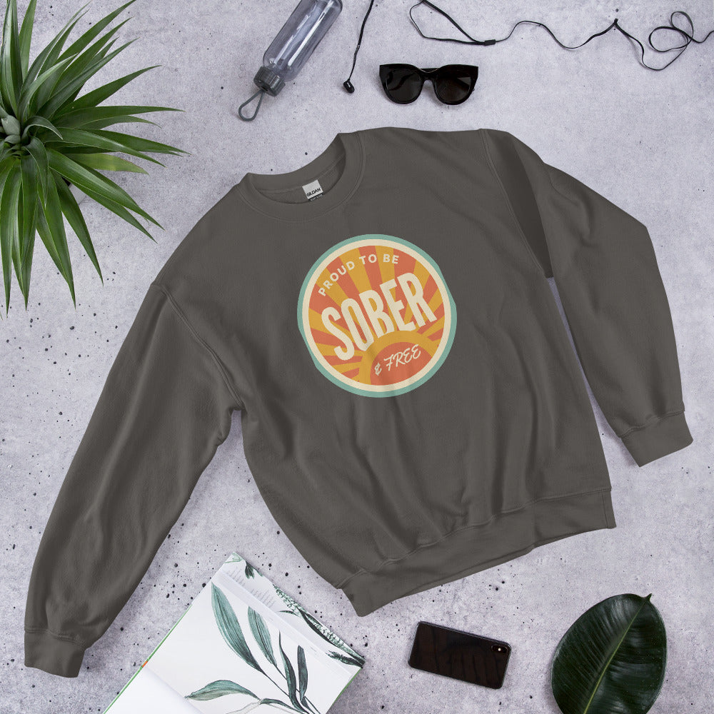 Sober & Proud retro sunburst crewneck sweatshirt — Charcoal, front-right