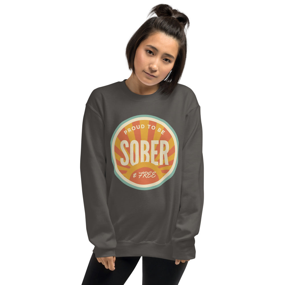 Sober & Proud retro sunburst crewneck sweatshirt — Charcoal, on model