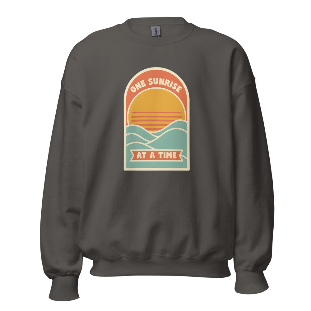 One Sunrise at a Time retro sunrise crewneck sweatshirt — Charcoal, front