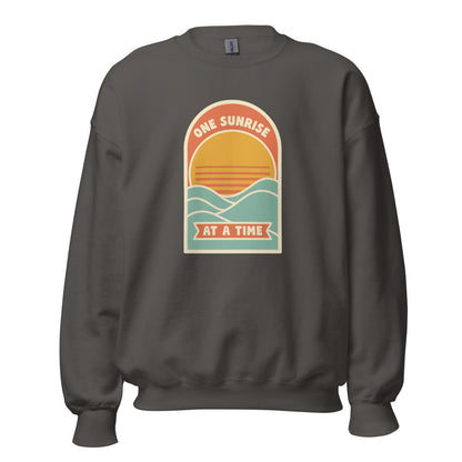One Sunrise at a Time retro sunrise crewneck sweatshirt — Charcoal, front