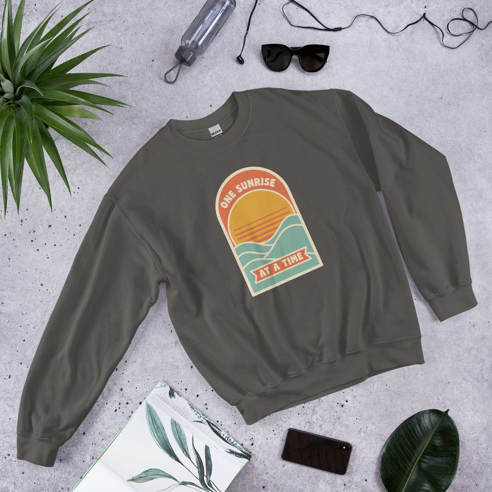 One Sunrise at a Time retro sunrise crewneck sweatshirt — Charcoal, front-right
