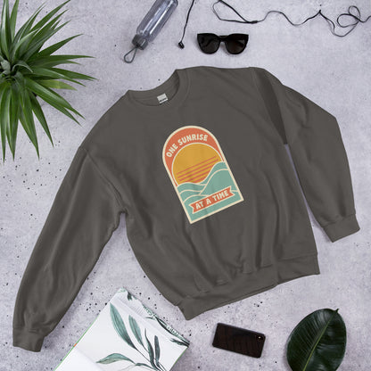 One Sunrise at a Time retro sunrise crewneck sweatshirt — Charcoal, front-right