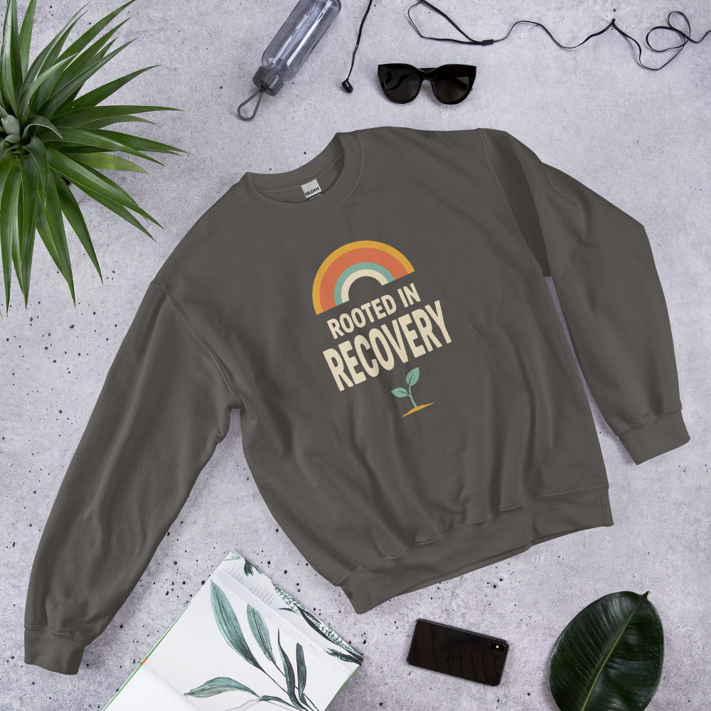 Rooted in Recovery retro rainbow crewneck sweatshirt — Charcoal, front-right
