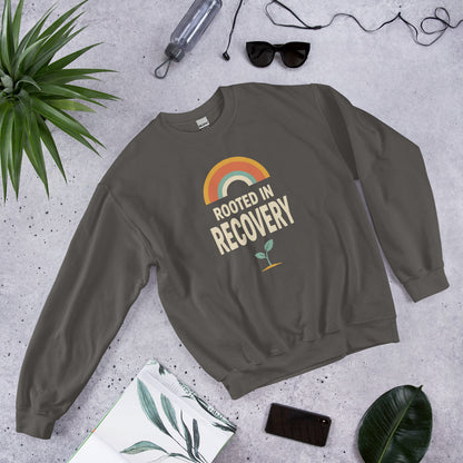 Rooted in Recovery retro rainbow crewneck sweatshirt — Charcoal, front-right