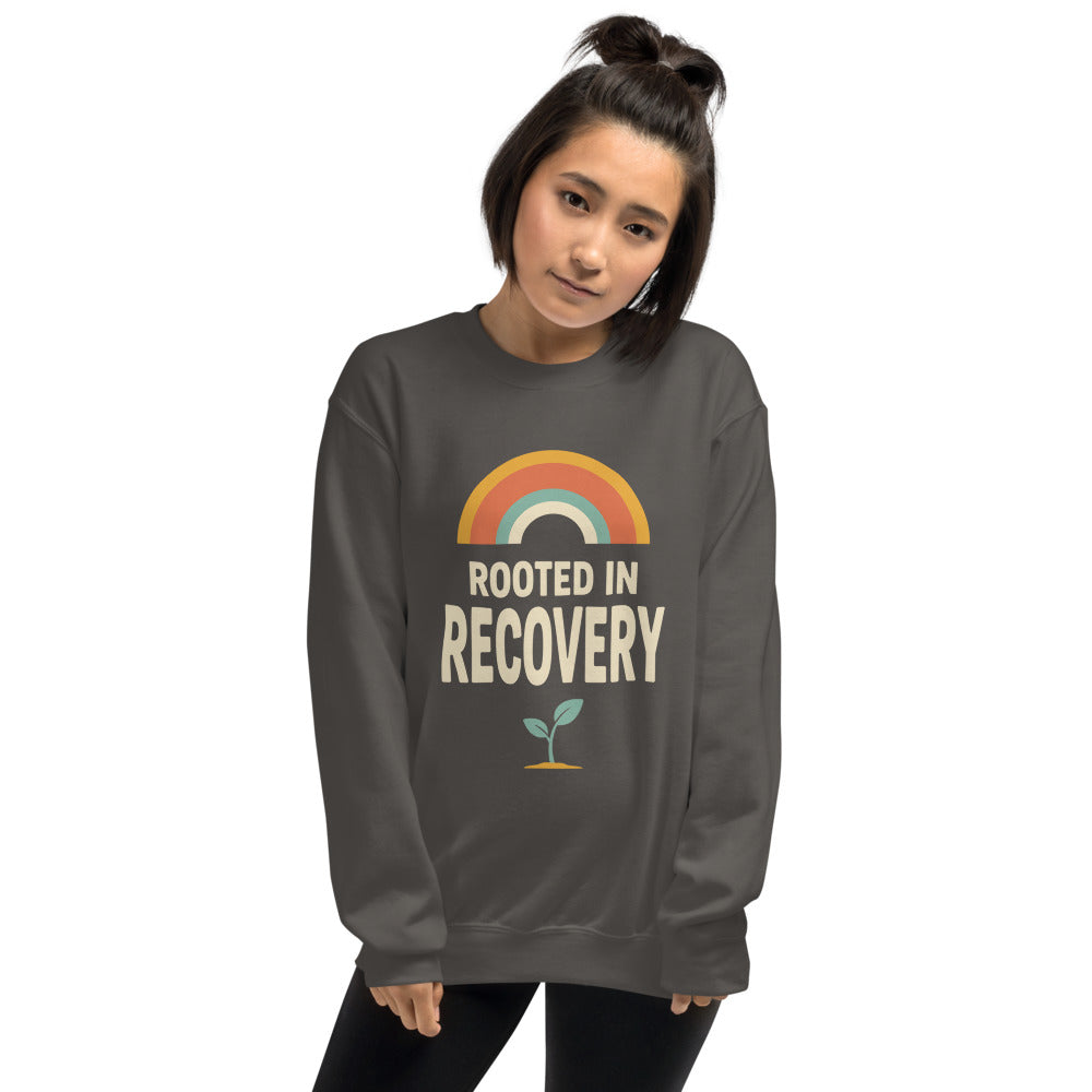 Rooted in Recovery retro rainbow crewneck sweatshirt — Charcoal, on model