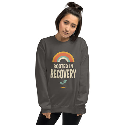 Rooted in Recovery retro rainbow crewneck sweatshirt — Charcoal, on model