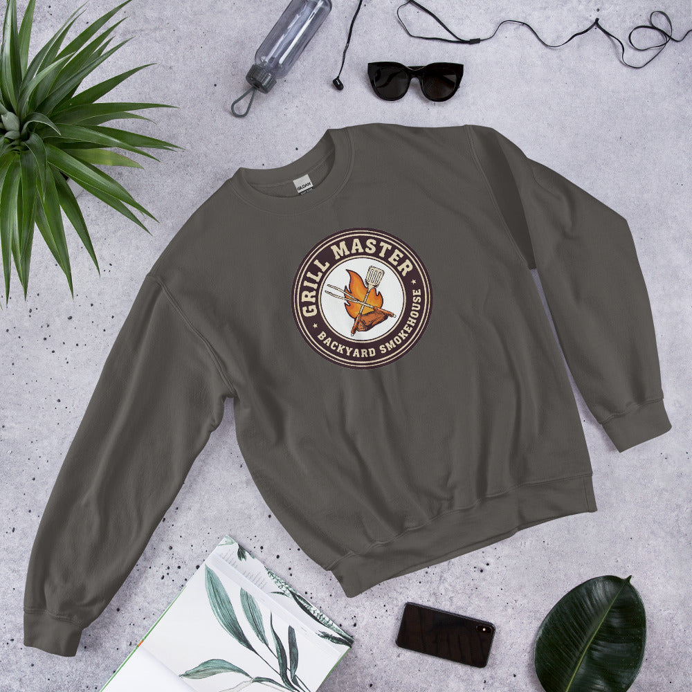 Grill Master retro backyard smokehouse crewneck sweatshirt — Charcoal, front-right