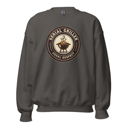 Serial Griller funny BBQ crewneck sweatshirt — Charcoal, front