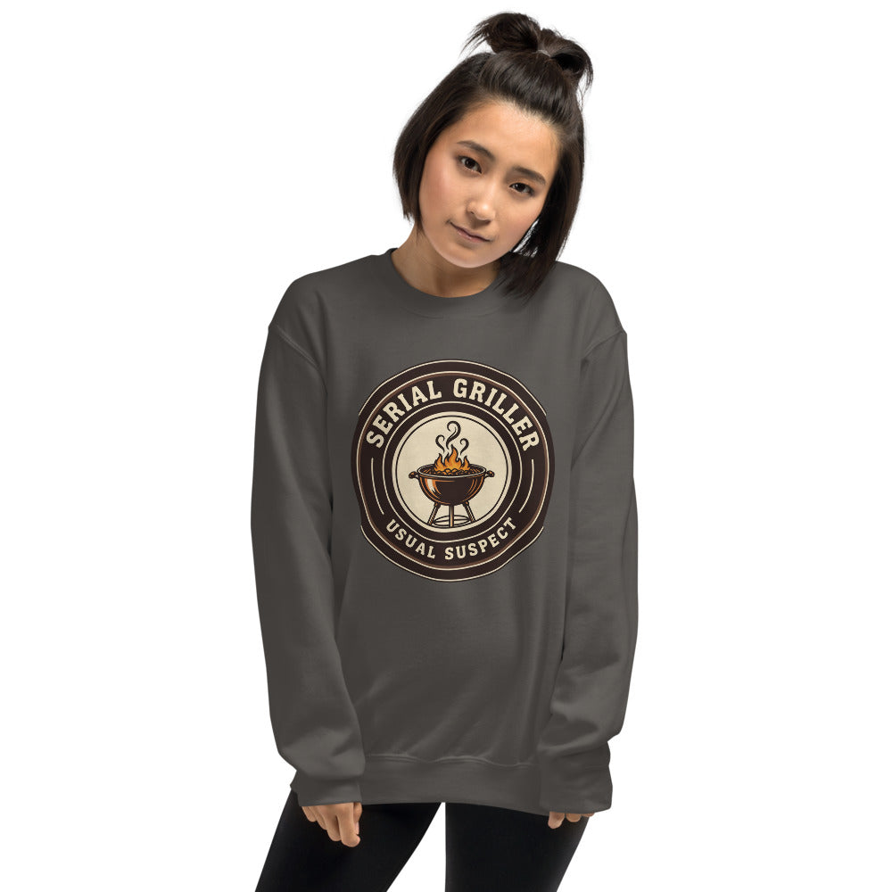 Serial Griller funny BBQ crewneck sweatshirt — Charcoal, on model