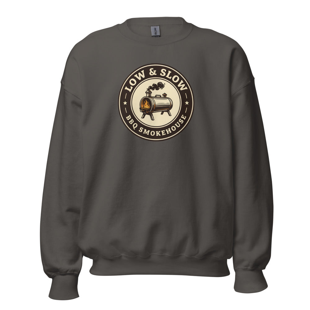 Low & Slow BBQ smoker crewneck sweatshirt — Charcoal, front