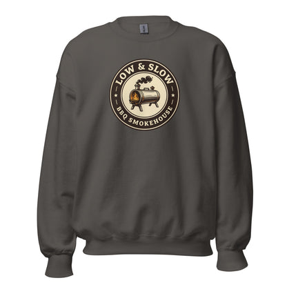 Low & Slow BBQ smoker crewneck sweatshirt — Charcoal, front