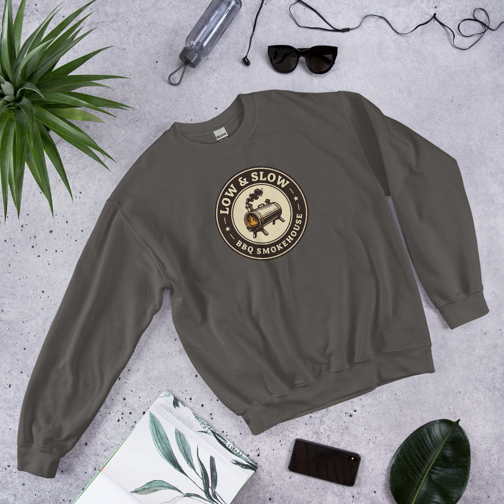 Low & Slow BBQ smoker crewneck sweatshirt — Charcoal, front-right
