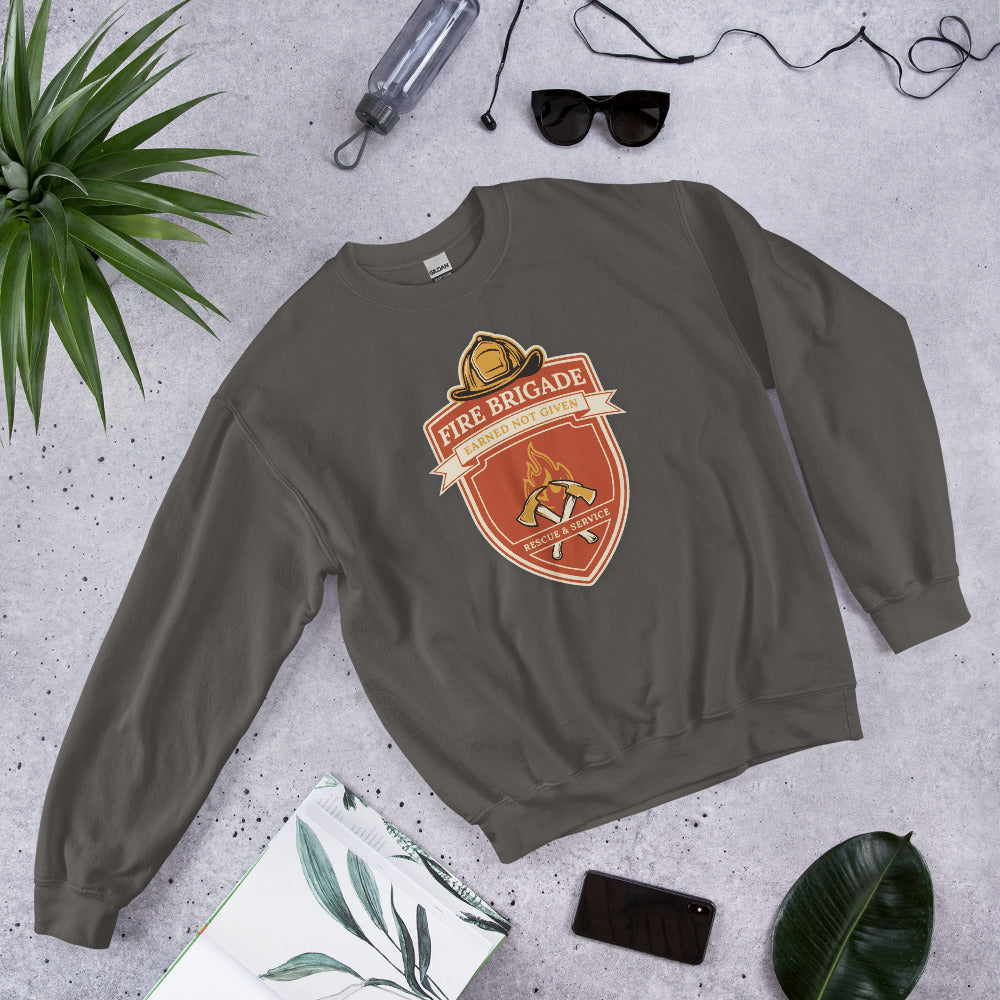 Fire Brigade Earned Not Given retro firefighter shield emblem crewneck sweatshirt — Charcoal, front-right