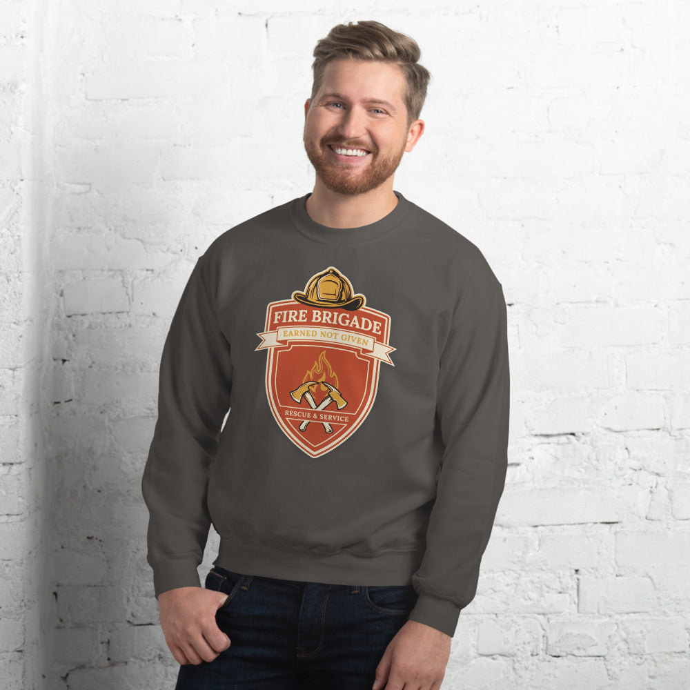 Fire Brigade Earned Not Given retro firefighter shield emblem crewneck sweatshirt — Charcoal, on model