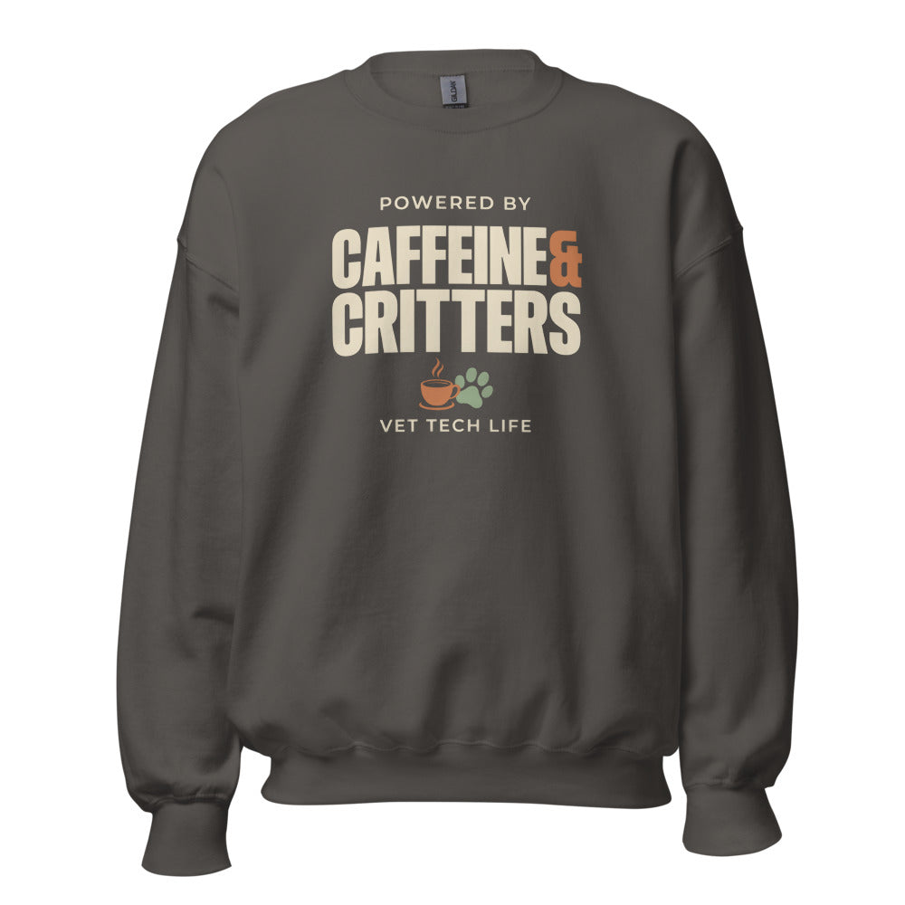 Powered by Caffeine & Critters funny vet tech crewneck sweatshirt — Charcoal, front