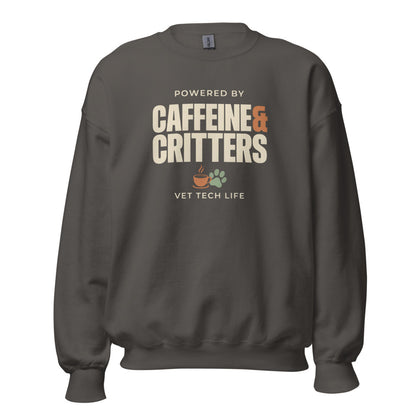 Powered by Caffeine & Critters funny vet tech crewneck sweatshirt — Charcoal, front