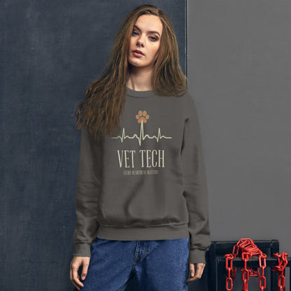 Every Heartbeat Matters minimalist vet tech crewneck sweatshirt — Charcoal, on model