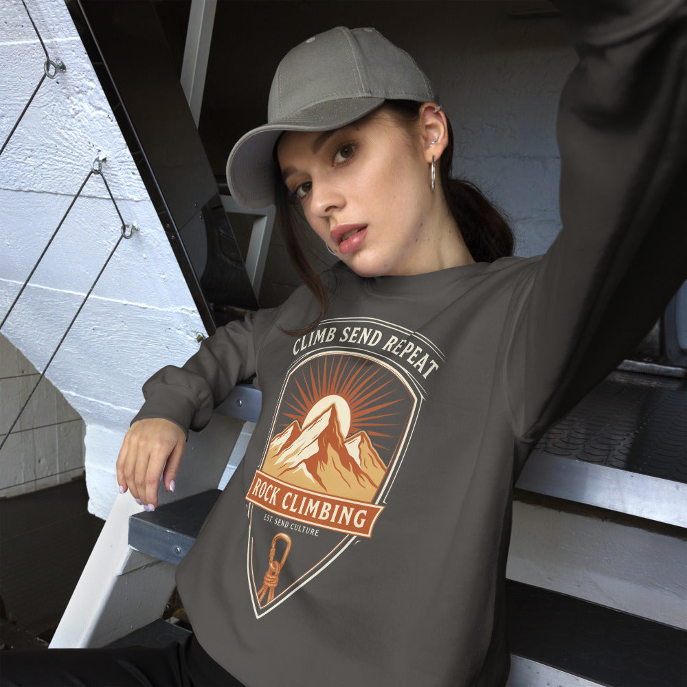 Climb Send Repeat mountaineering crest crewneck sweatshirt — Charcoal, on model