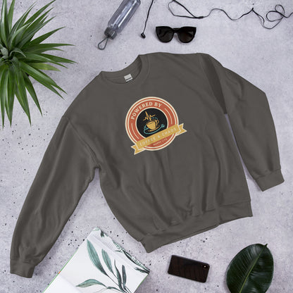 Powered by Coffee & Chaos retro nurse badge crewneck sweatshirt — Charcoal, front-right